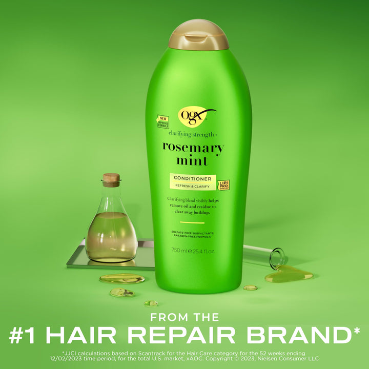 OGX Clarifying Strength + Rosemary Mint Conditioner, Clarifying Conditioner Visibly Helps Remove Oil & Residue to Clear Away Buildup from Oily Hair, Sulfate-Free Surfactants, 25.4 fl. Oz