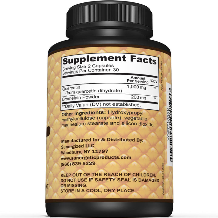 Sunergetic Premium Quercetin & Bromelain Supplement – Powerful Quercetin Bromelain Complex to Help Support Immune System & Seasonal Support – Quercetin 1000mg Per Serving – 60 Capsules