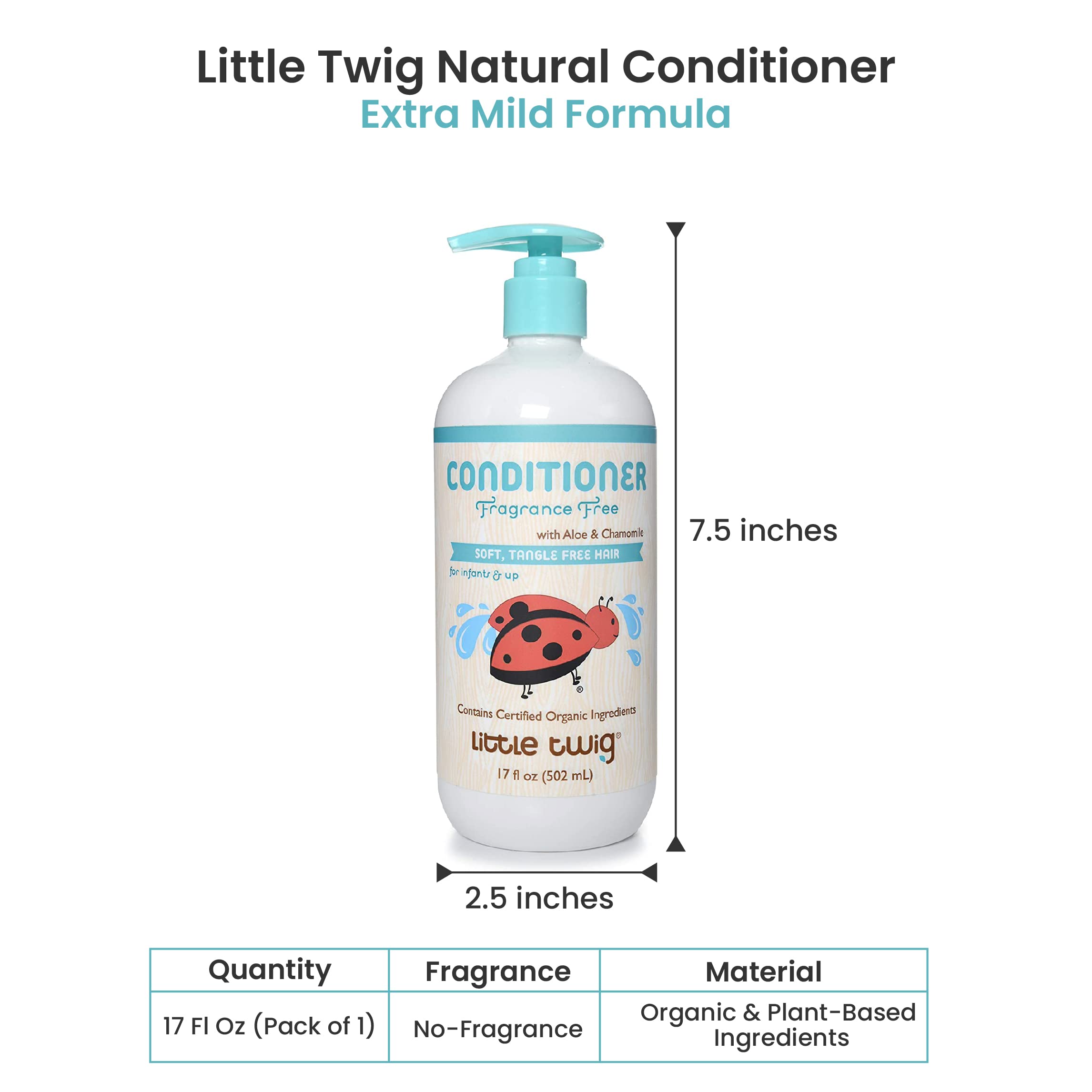 Little Twig Hair Conditioner, Natural Conditioner with Plant Derived Formula, Contains Essential Oils and Extracts, Suitable for Whole Family, Fragrance-Free, 17 fl oz.