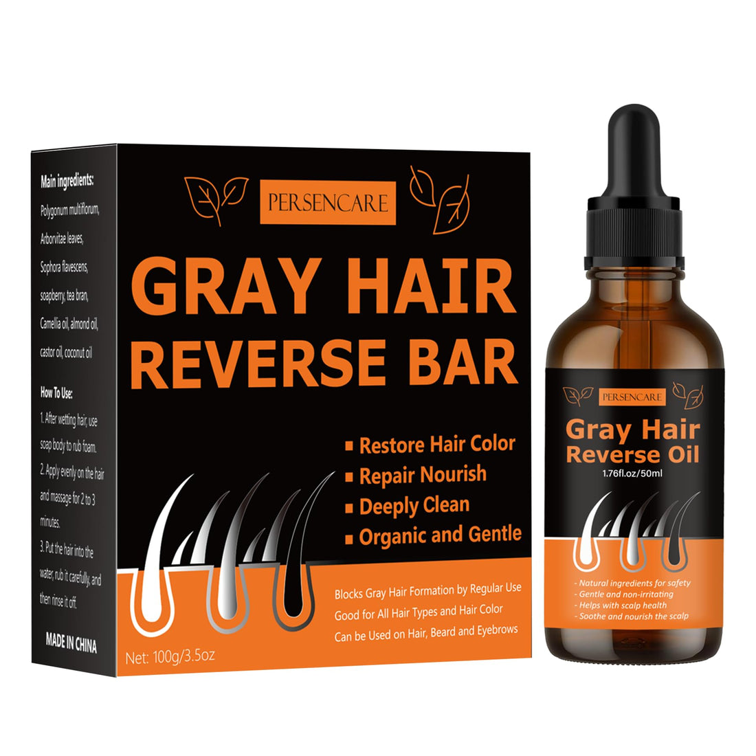 VAEYAE Gray Hair Reverse Bar and Essential Oil 2 in 1 Set, Shampoo and Conditioner Bar for Grey Hair Cover Up, Herbal Usma Grass Fo Ti Bar + Oil For Men & Women, White Hair Darkening Thickening Serum