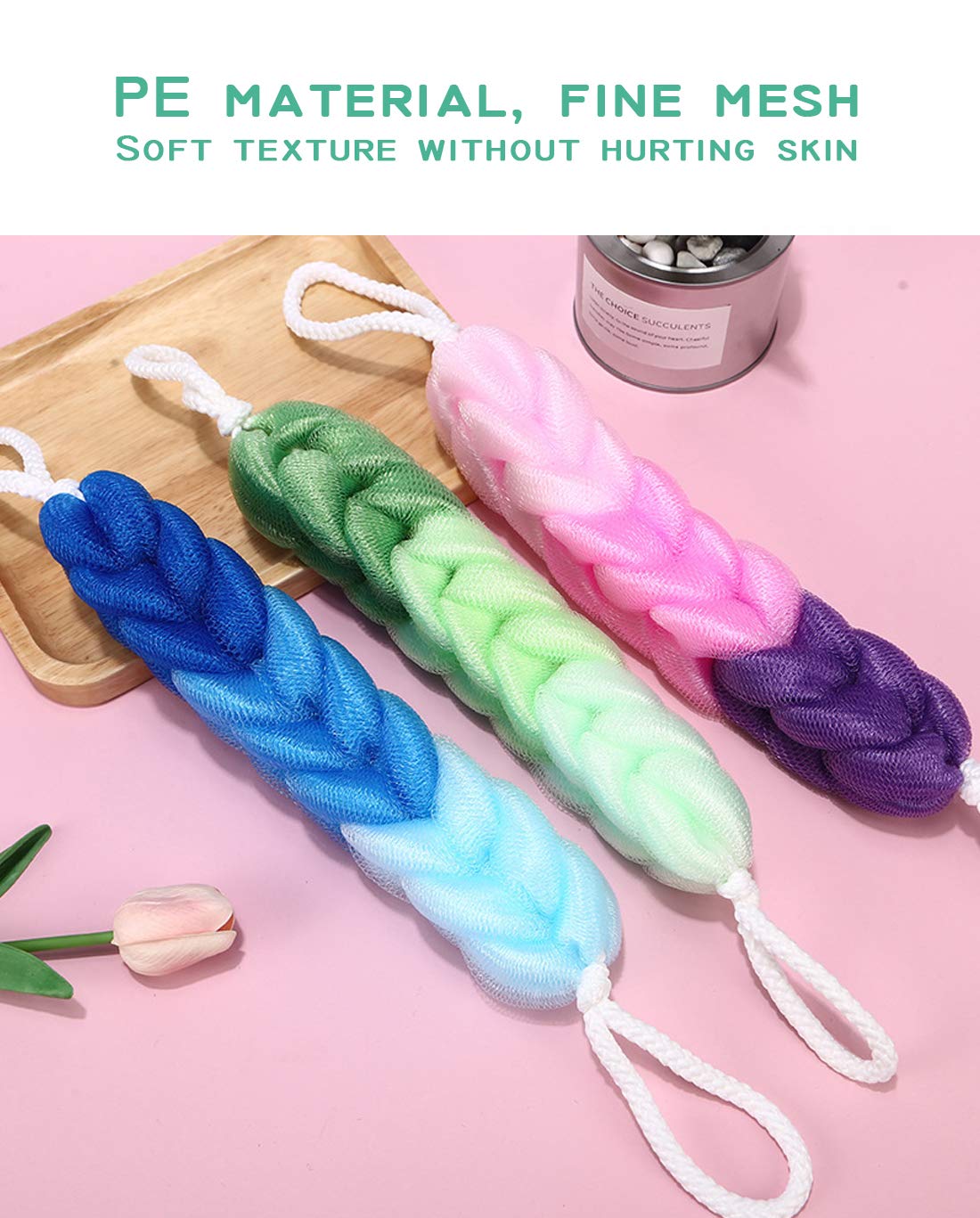 AARainbow 4 Packs Long Stretch Back Sponge with Rope Handles Back Scrubber Body Sponges for Bathing, Bath Shower Mesh Sponge Body Deep Cleaning for Men & Women (H-Gradient Color)