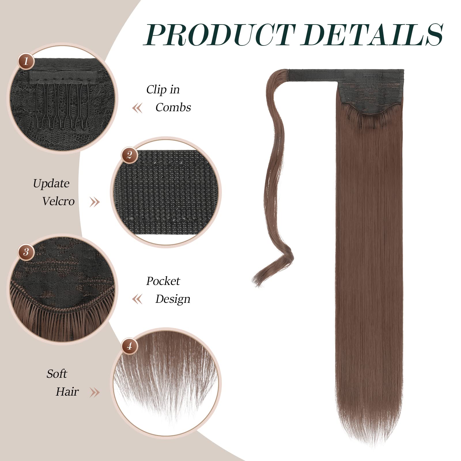 FESHFEN Straight Ponytail Extensions 28 Inch Long Wrap Around Synthetic Hair Piece Clip in Ponytail Hair Extensions Hairpiece for Women Girls 150g