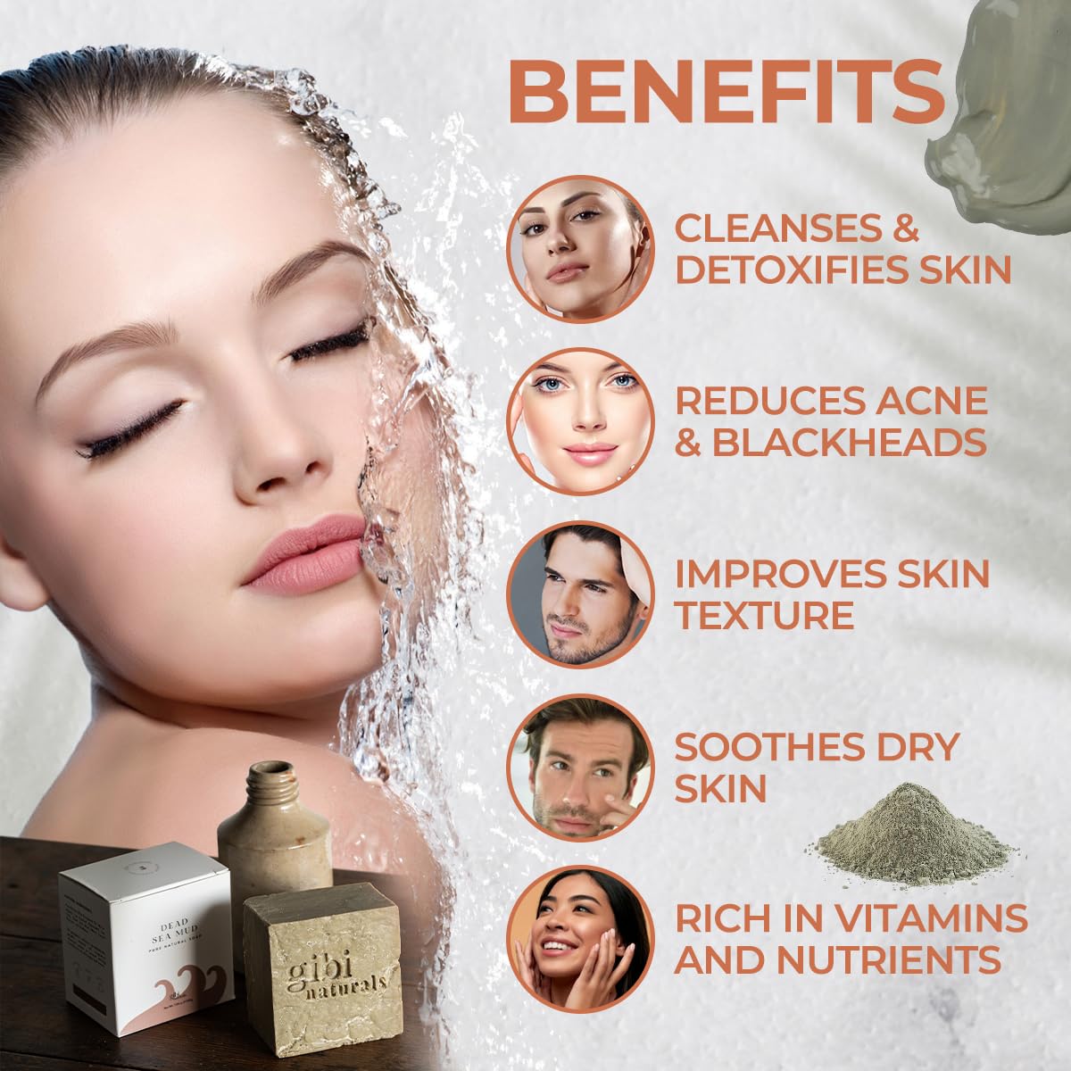 GIBI Dead Sea Mud Soap - 7.06 Oz Moisturizing Dead Sea Salt Soap - Cleanses, Exfoliates & Purifies Skin - Pure Natural Dead Sea Soap for All Skin Types