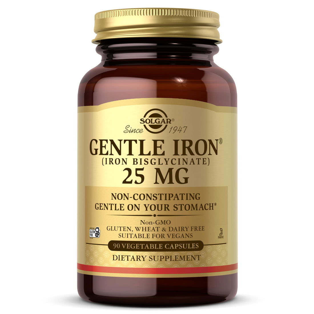 Solgar Gentle Iron 25mg, 90 Vegetable Capsules - Energy, Normal Red Blood Cell Production - Gentle on the Stomach - Non-GMO, Vegan, Gluten Free, Dairy Free, Kosher - 90 Servings
