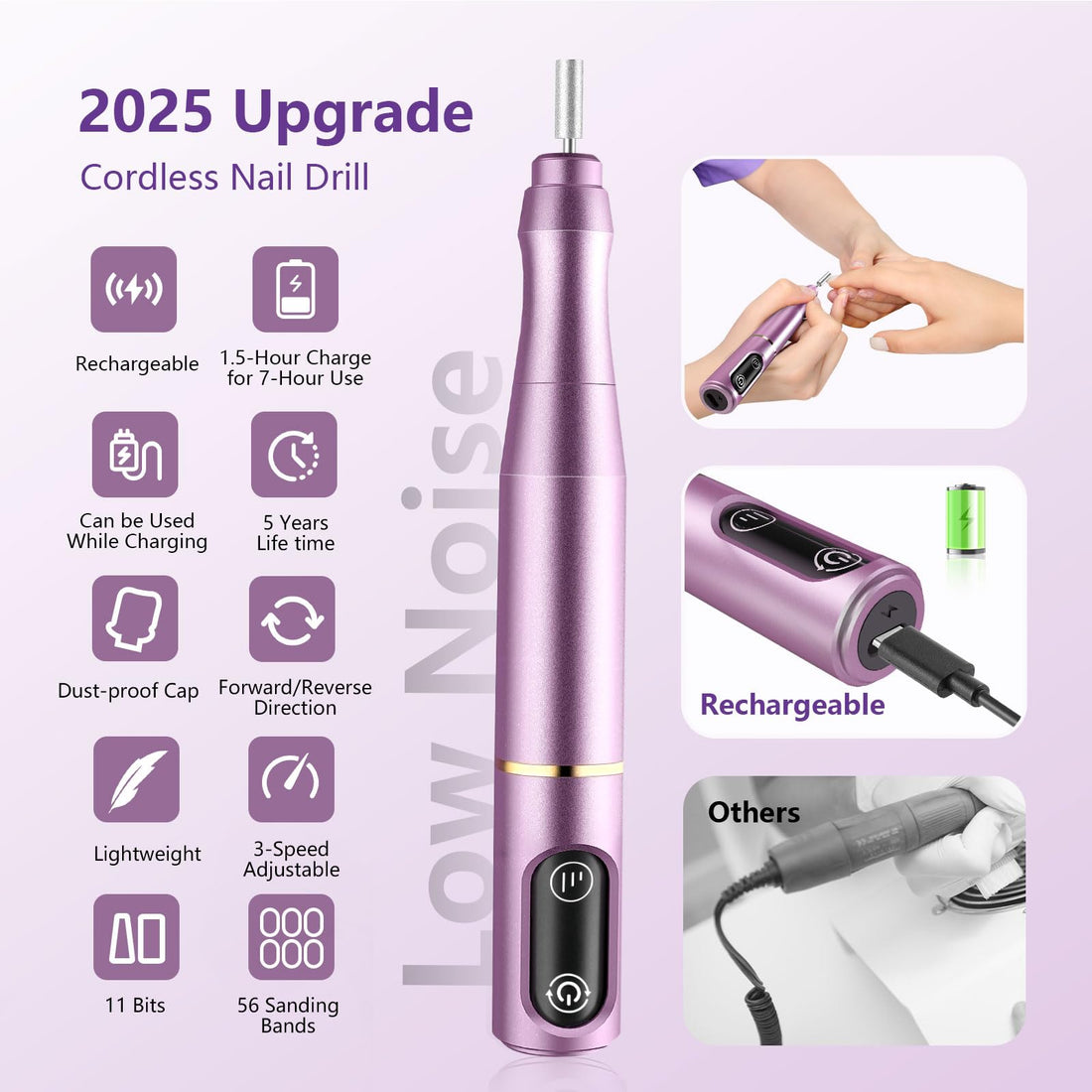 TUOBEO Cordless Nail Drill Electric Nail File Kit Rechargeable Professional Efile Nail Set, Portable Acrylic Gel Nail Polish Remover Machine Pedicure Manicure Tool, 11 Bits 56 Sanding Bands Salon Home