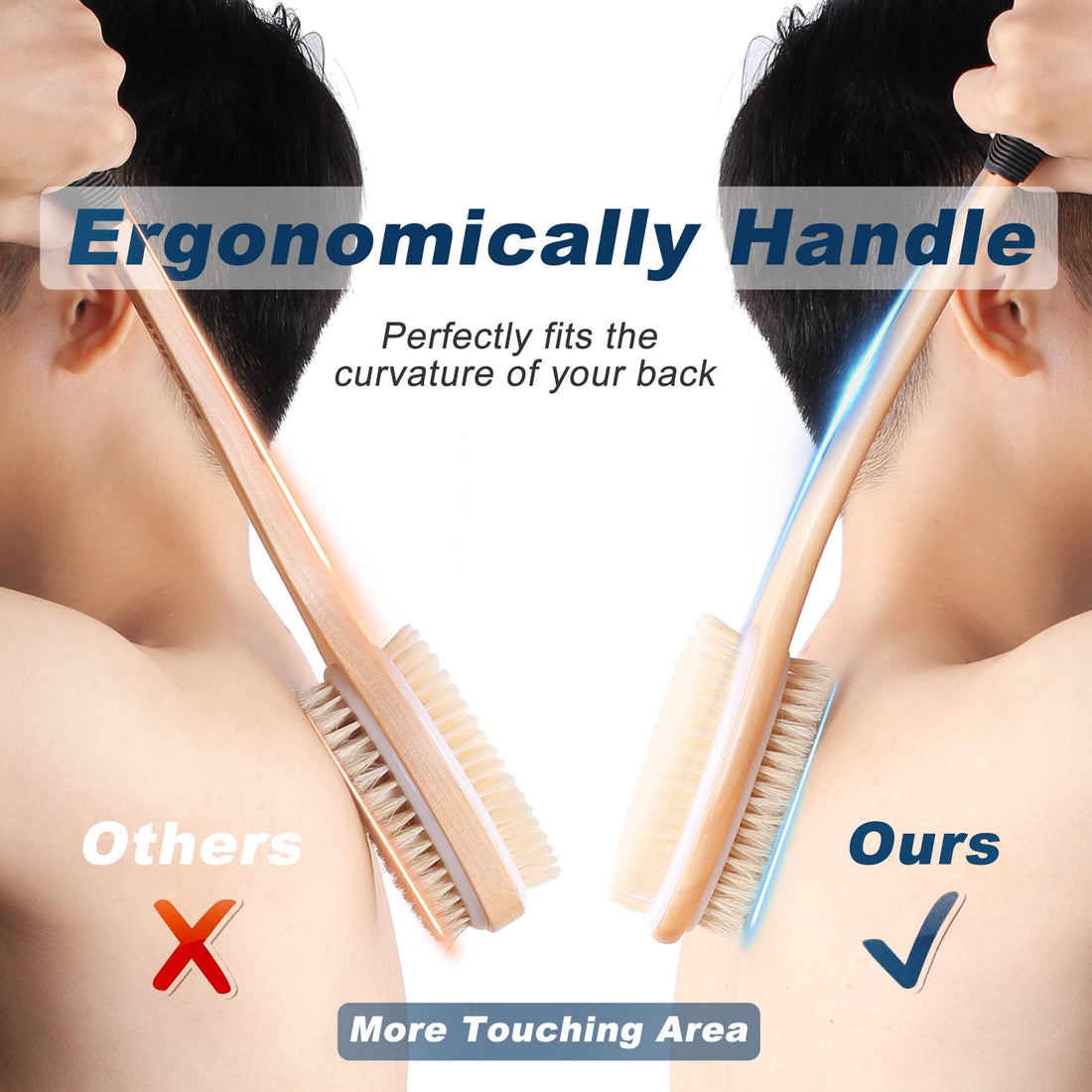 KIPRITII Ergonomically Back Scrubber for Shower - Double-Sided Back Brush Long Handle for Shower, Wet & Dry Brush for Cellulite and Lymphatic