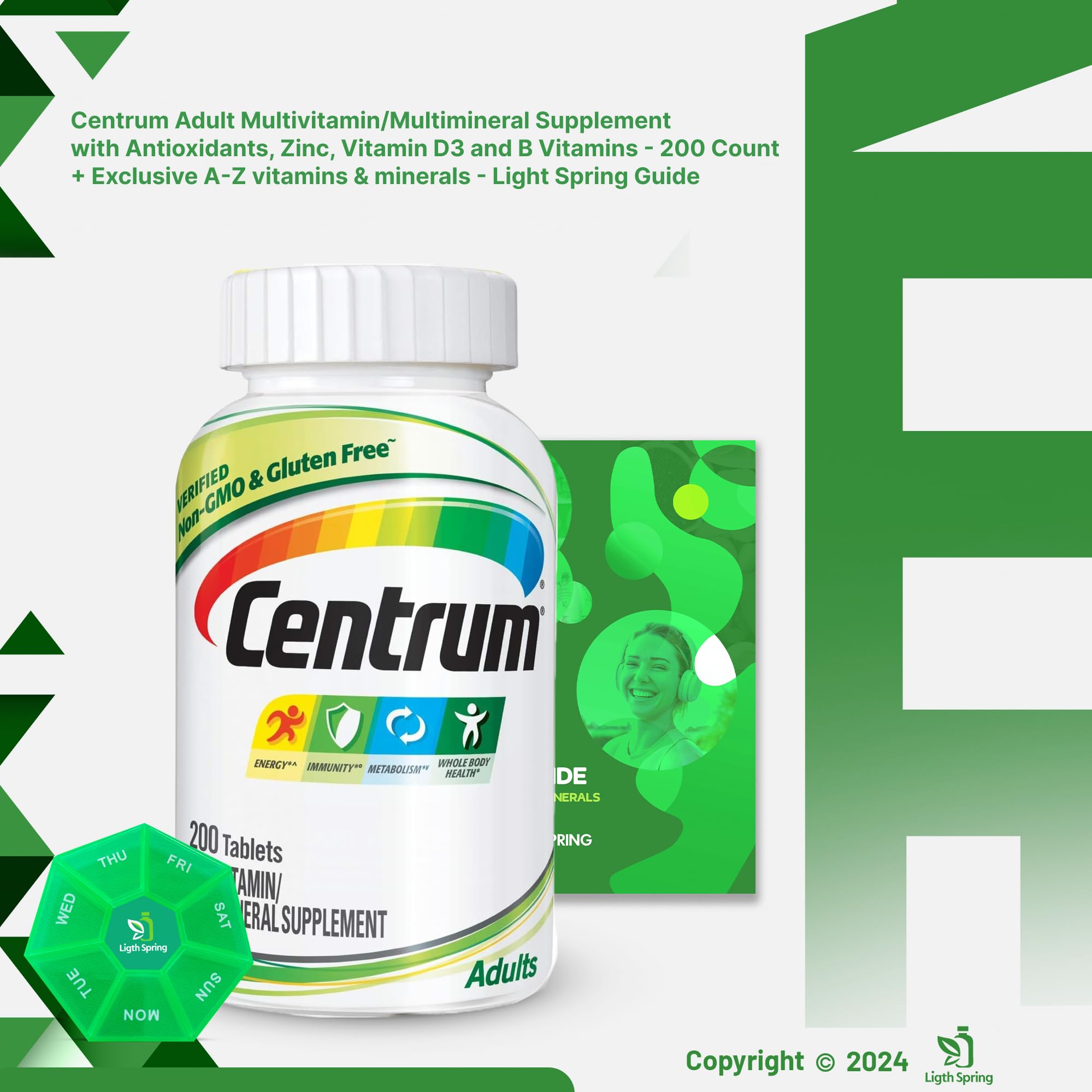 Adult Multivitamin/Multimineral Supplement with Antioxidants, Zinc, Vitamin D3 and B Vitamins 200 Tablets with Weekly Pill Organizer, A to Z Ligth&Spring Guide (3 Items)