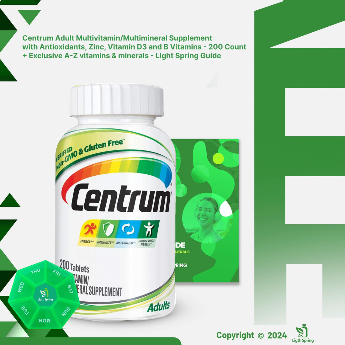 Adult Multivitamin/Multimineral Supplement with Antioxidants, Zinc, Vitamin D3 and B Vitamins 200 Tablets with Weekly Pill Organizer, A to Z Ligth&Spring Guide (3 Items)