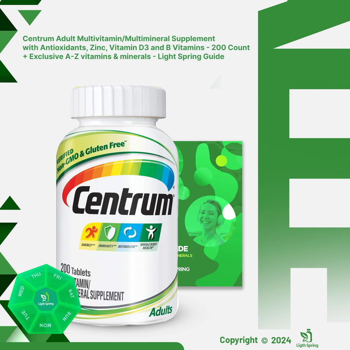 Adult Multivitamin/Multimineral Supplement with Antioxidants, Zinc, Vitamin D3 and B Vitamins 200 Tablets with Weekly Pill Organizer, A to Z Ligth&Spring Guide (3 Items)