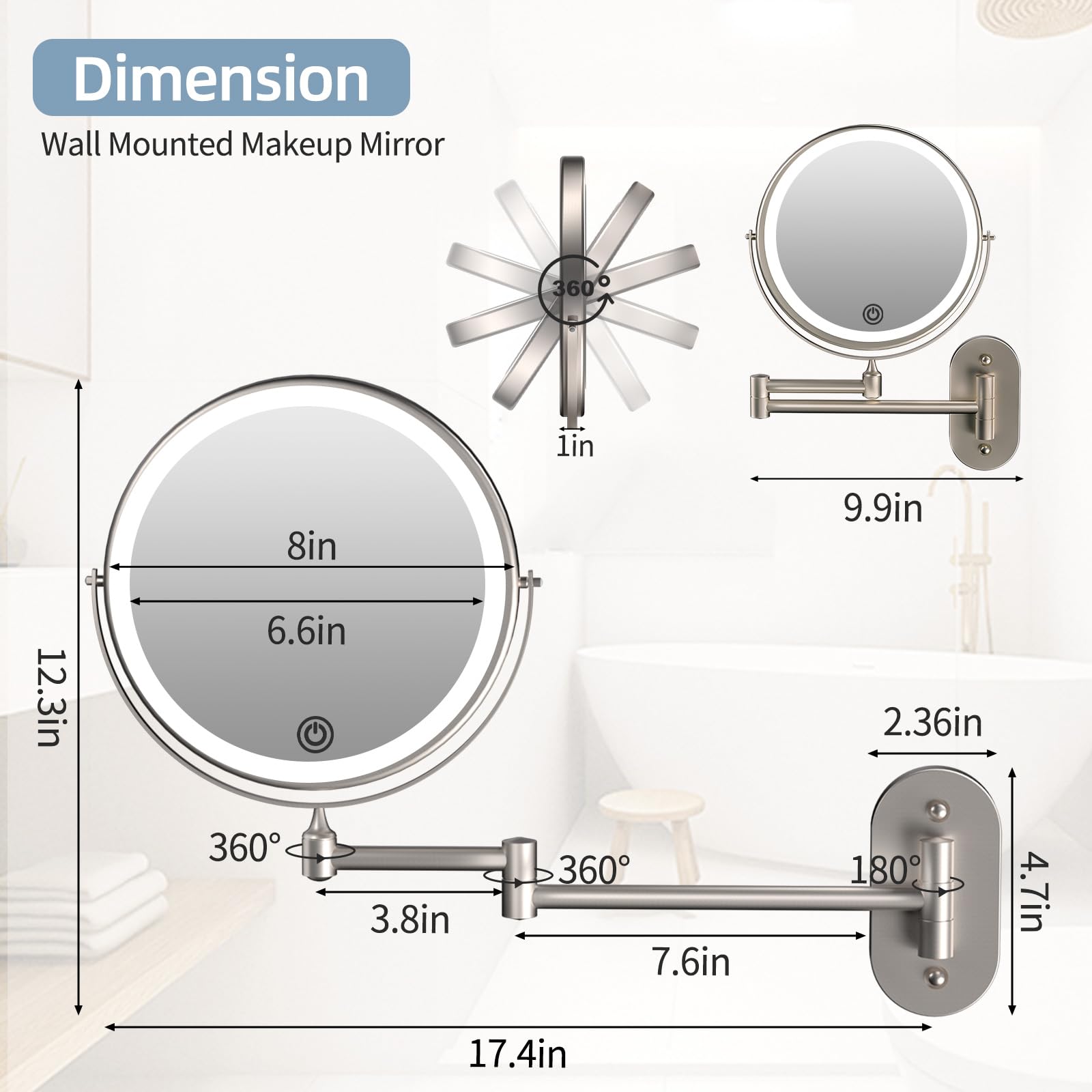 Rechargeable Wall Mounted Lighted Makeup Vanity Mirror 8 inch 1X/10X Magnifying Mirror with 3 Color Lights, Double Sided Bathroom Mirror with Dimmable LED Lights, Shaving Light up Mirror Brush Nickel