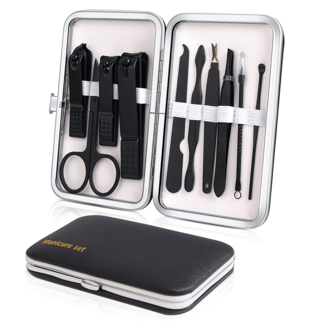 Manicure Set, Travel Nail Clippers Kit Pedicure Care Tools, 10pcs Stainless Steel Grooming kit (Black)