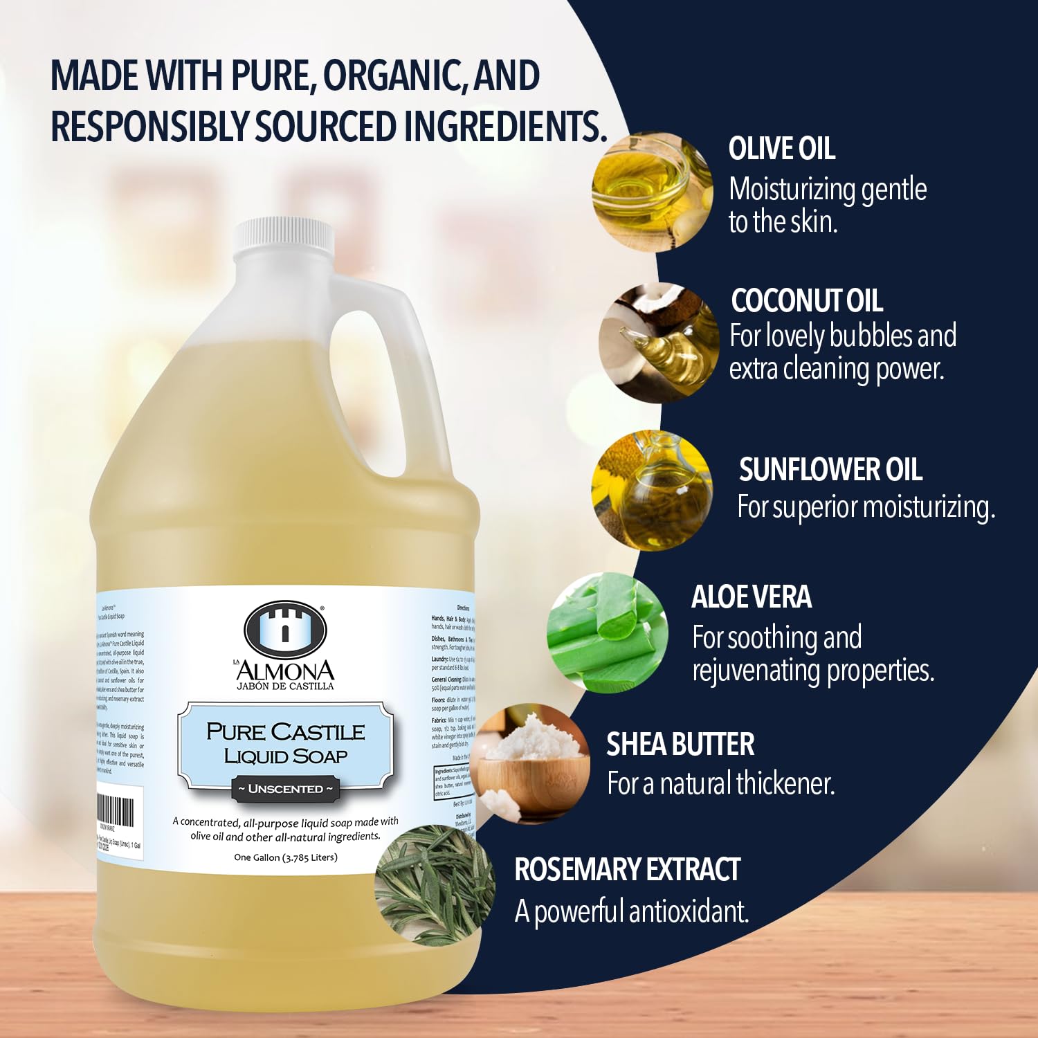 La Almona - Pure Castile Liquid Soap, UNSCENTED, 1 Gallon - Multipurpose: Hands, Face, Body, Laundry, Dishes & More - For Sensitive Skin, All-Natural Ingredients, Fragrance Free