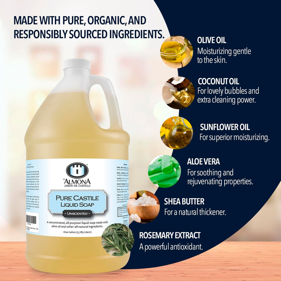 La Almona - Pure Castile Liquid Soap, UNSCENTED, 1 Gallon - Multipurpose: Hands, Face, Body, Laundry, Dishes & More - For Sensitive Skin, All-Natural Ingredients, Fragrance Free