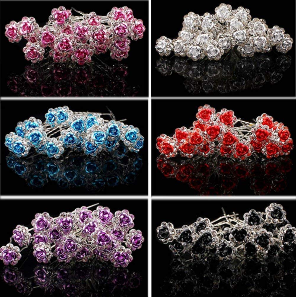 AKOAK 20 Pcs/Lot Women Wedding Bridal Clear Crystal Rhinestone Rose Flower Hair Pin Clips Hair Accessories Jewelry Barrettes Headwear(Black)