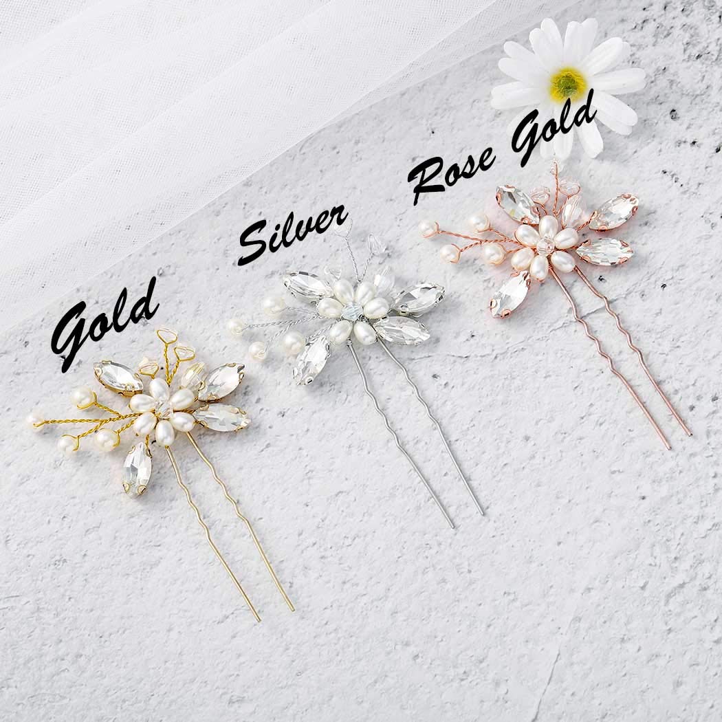 Catery Flower Bride Wedding Hair Pins Crystal Pearl Hair Set Jewelry Headpieces Bridal Decorative Hair Accessories for Women Pack of 2 (Rose Gold)