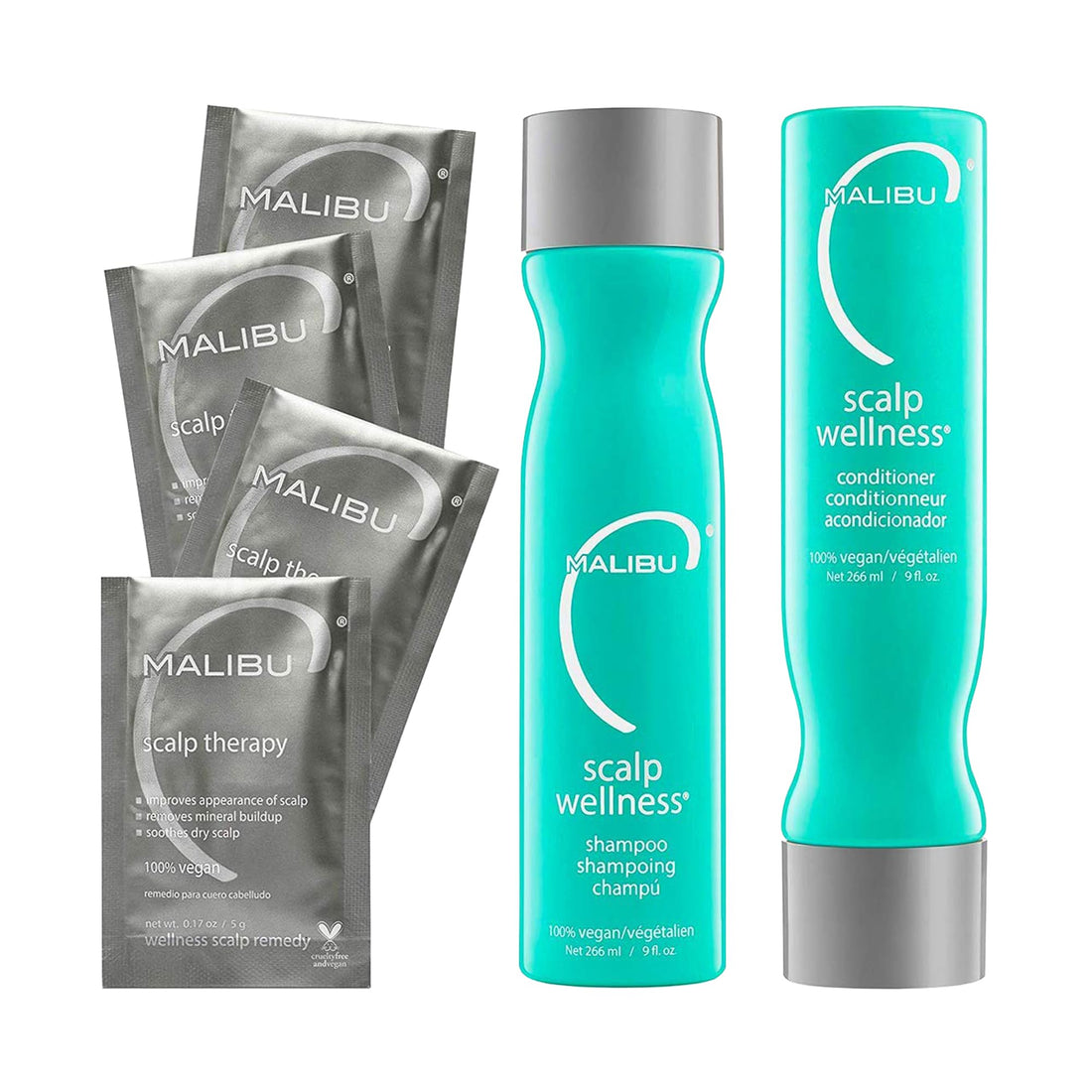 Malibu C Scalp Wellness Collection - Soothing Shampoo and Conditioner Hair Care Set for Dry Scalp - Formulated with Vitamin C Antioxidant Complex - Travel Size Scalp Remedy Packets Included (33.8 oz)