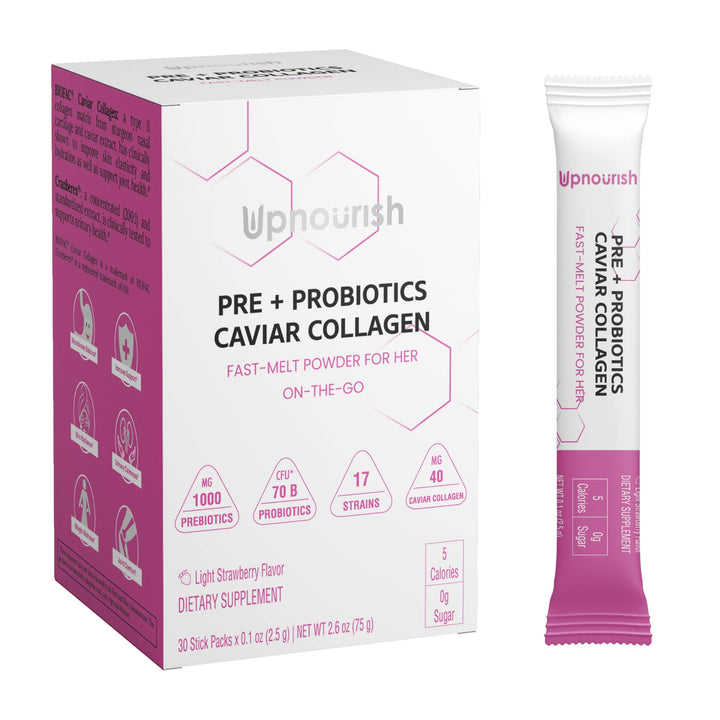 UpNourish Prebiotics, Probiotics and Caviar Colalgen for Women's Digestive & Weight Wellness, Skin Radiance, Joint Mobility, Feminine Health with Cranberry Extract & D-Mannose, 30 Fast-melt Packets