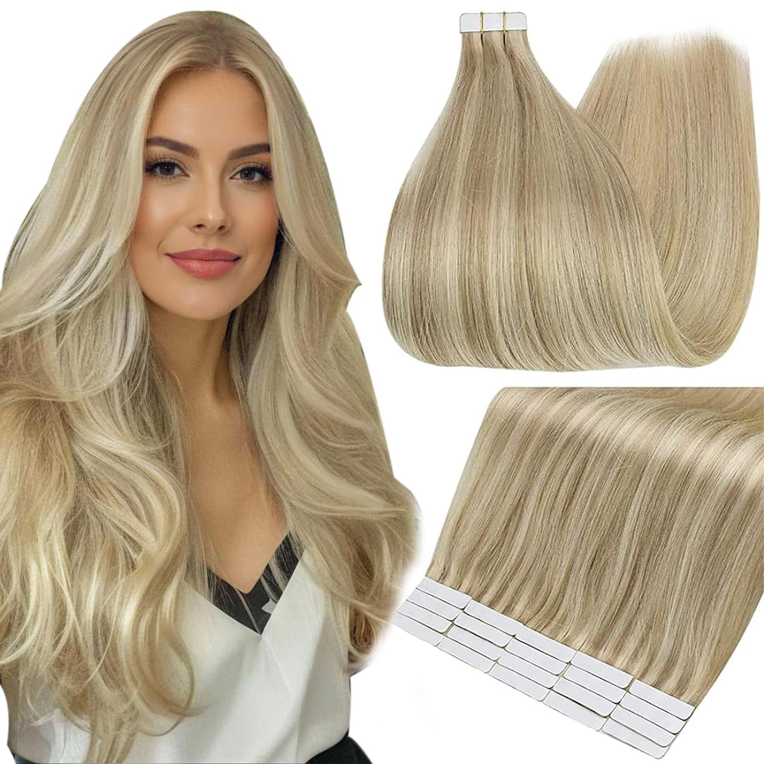 Fshine Remy Tape in Hair Extensions 14 Inch Tape in Real Hair Extensions 50 Grams 20 Pcs Brazilian Hair Glue in Extensions Color 16 Highlighted 22 Light Blonde Tape Hair Extensions