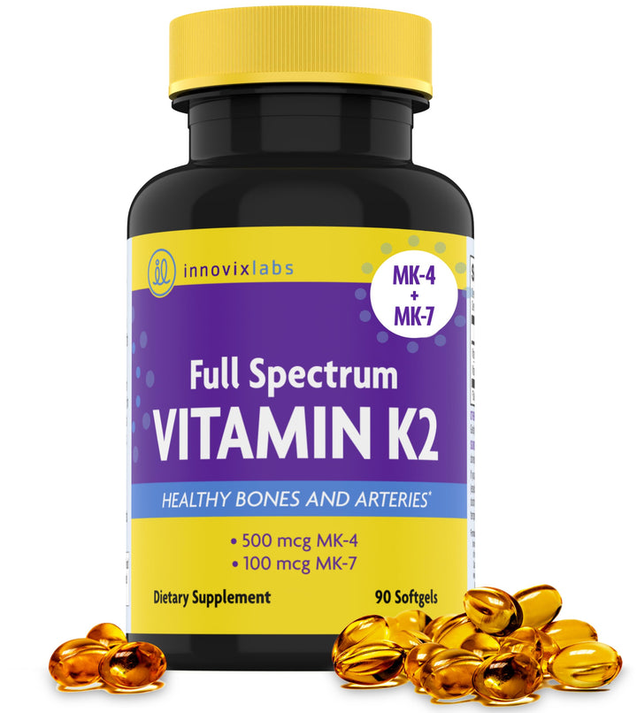 InnovixLabs Full Spectrum Vitamin K2-90 Softgels with 600 mcg of Trans Form MK7 and MK4 - Supports General Health and Bone Strength - Soy and Gluten Free K2 Vitamin Supplement