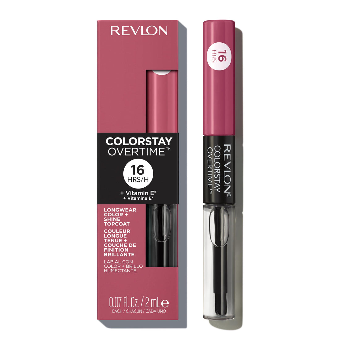 Revlon ColorStay Overtime Lipcolor, Dual Ended Longwearing Liquid Lipstick with Clear Lip Gloss, with Vitamin E in Pink, Infinite Raspberry (005), 0.07 oz