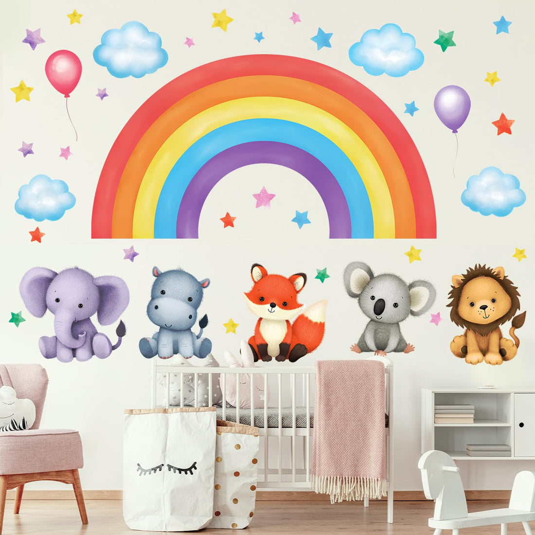DECOWALL SG3-2318 Baby Animals on Rainbow Wall Stickers Decals Art décor Kids Living Nursery Removable Room Safari Jungle Girls Boys