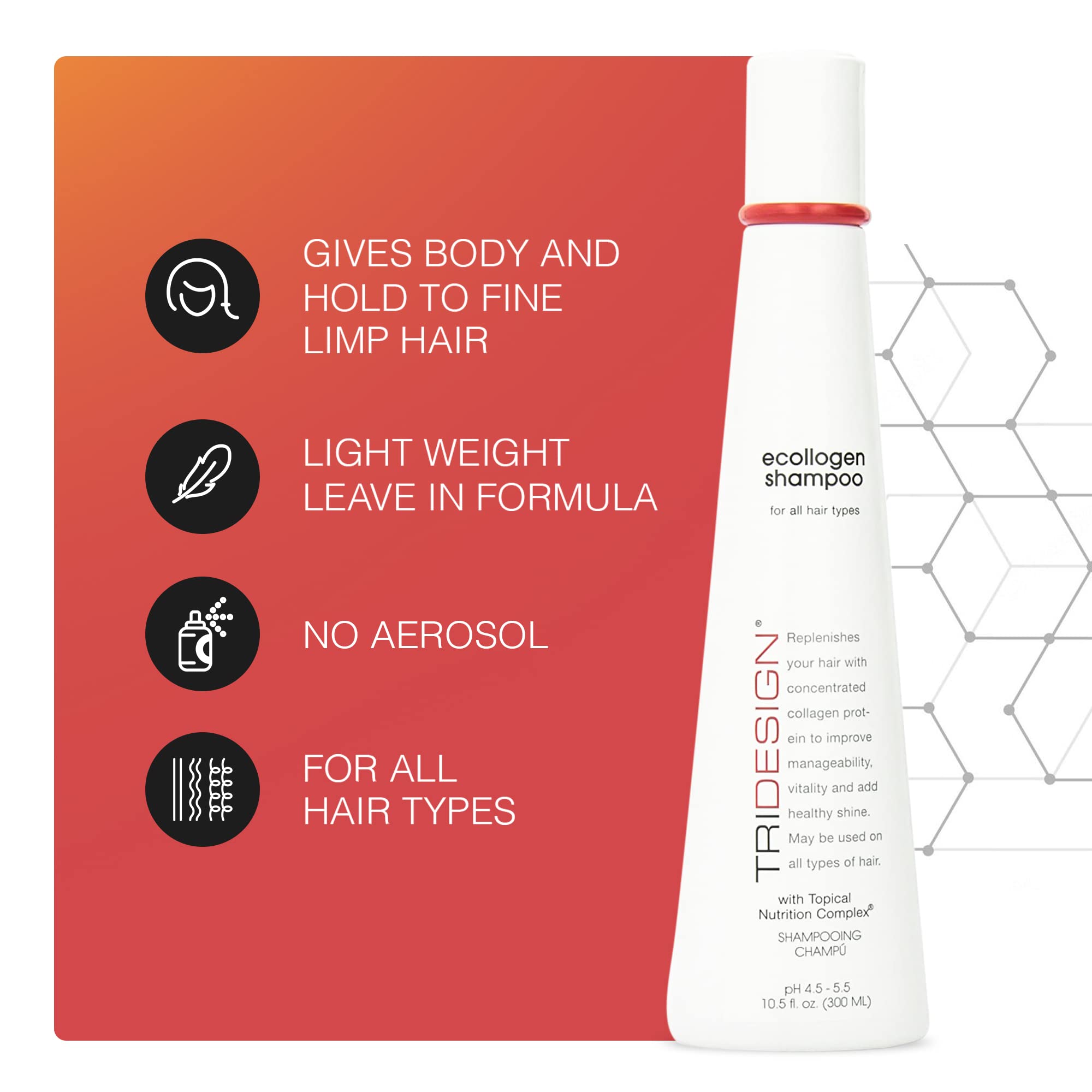 TRIDESIGN Ecollogen Moisturizing Shampoo - Hydrating Hair Shampoo For Natural Hair, Unisex, Thickening & Volumizing Shampoo, Unscented, Non-fragrance Shampoo Gentle Cleanser- 10.5 oz