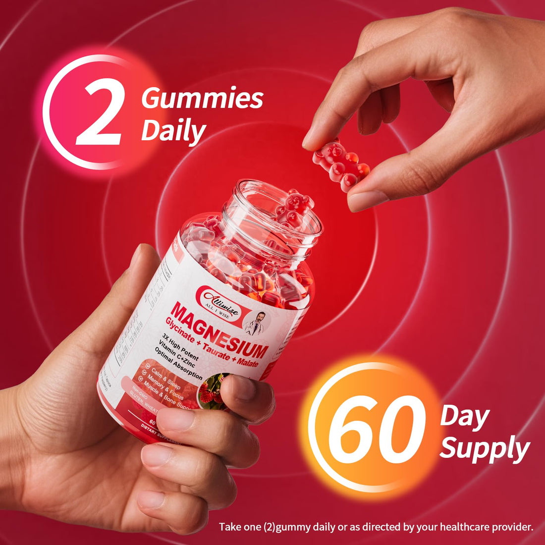 Alliwise 2Pack Magnesium Glycinate Gummies,Magnesium Potassium Supplement with Taurate, Malate, Vitamins D, C, B6, Calcium,Body Support,Raspberry Magnesium Gummies for Adults,60 Days Supply