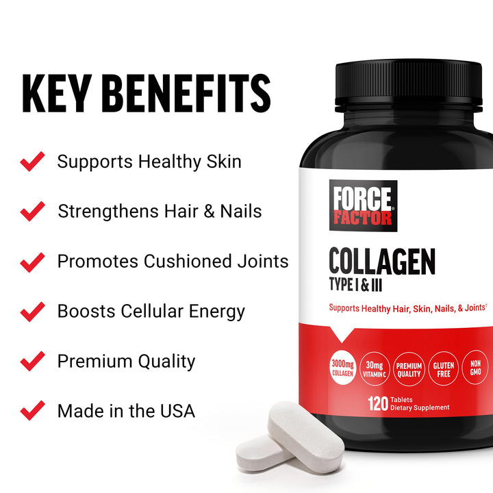 FORCE FACTOR Collagen Peptides, Collagen for Women and Men Made with Hydrolyzed Bovine Collagen Type 1 & 3 for Healthy Hair, Skin, Nails, & Joints, Premium Quality, Non-GMO, 120 Collagen Pills