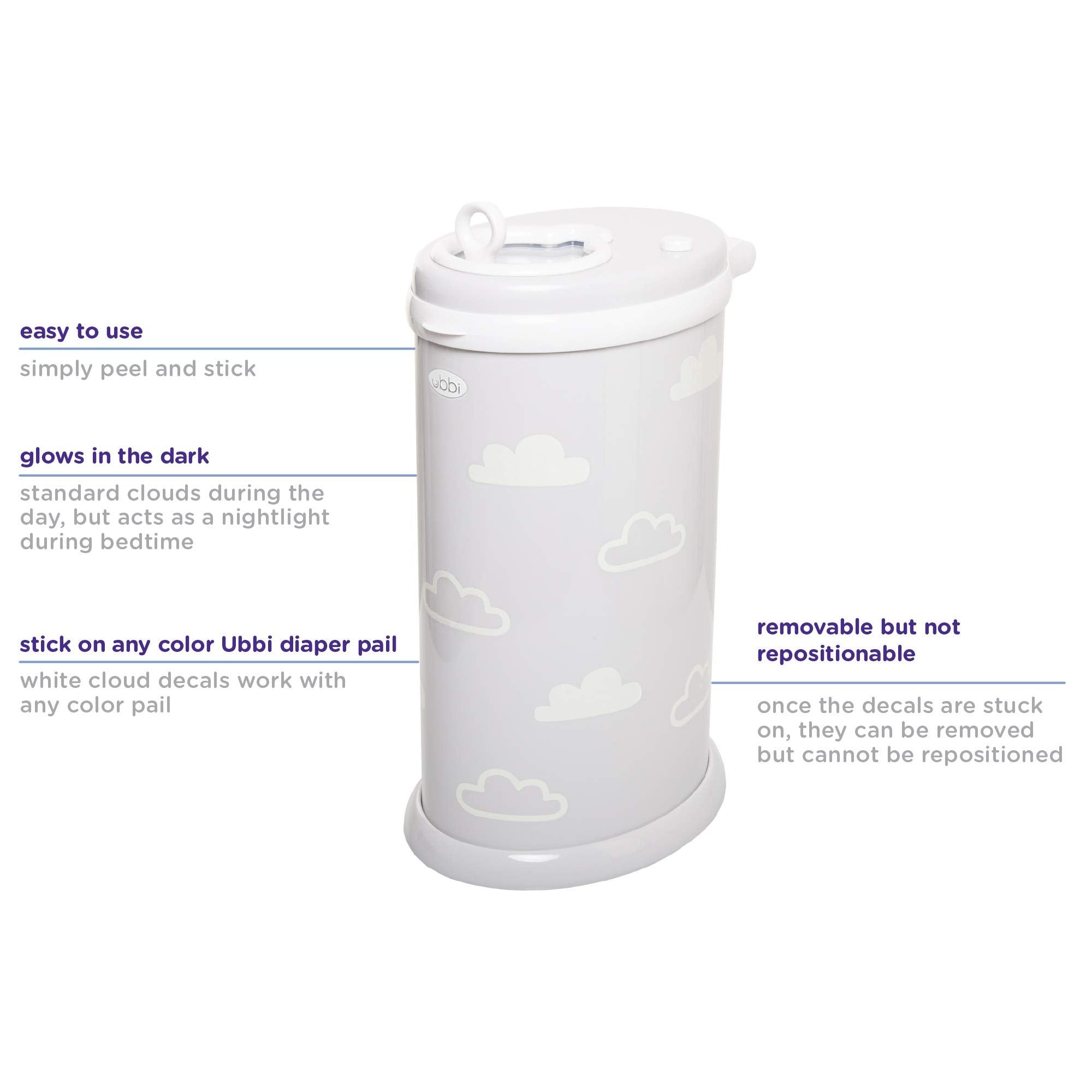 Ubbi Glow-in-The-Dark Cloud Peel and Stick Decal Stickers, Decorative Sticker for Diaper Pail or Baby Nursery