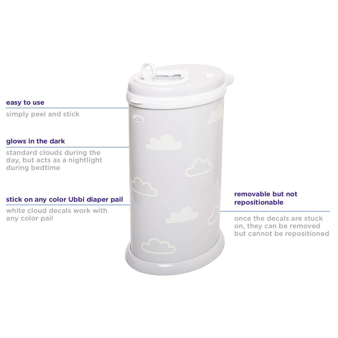 Ubbi Glow-in-The-Dark Cloud Peel and Stick Decal Stickers, Decorative Sticker for Diaper Pail or Baby Nursery