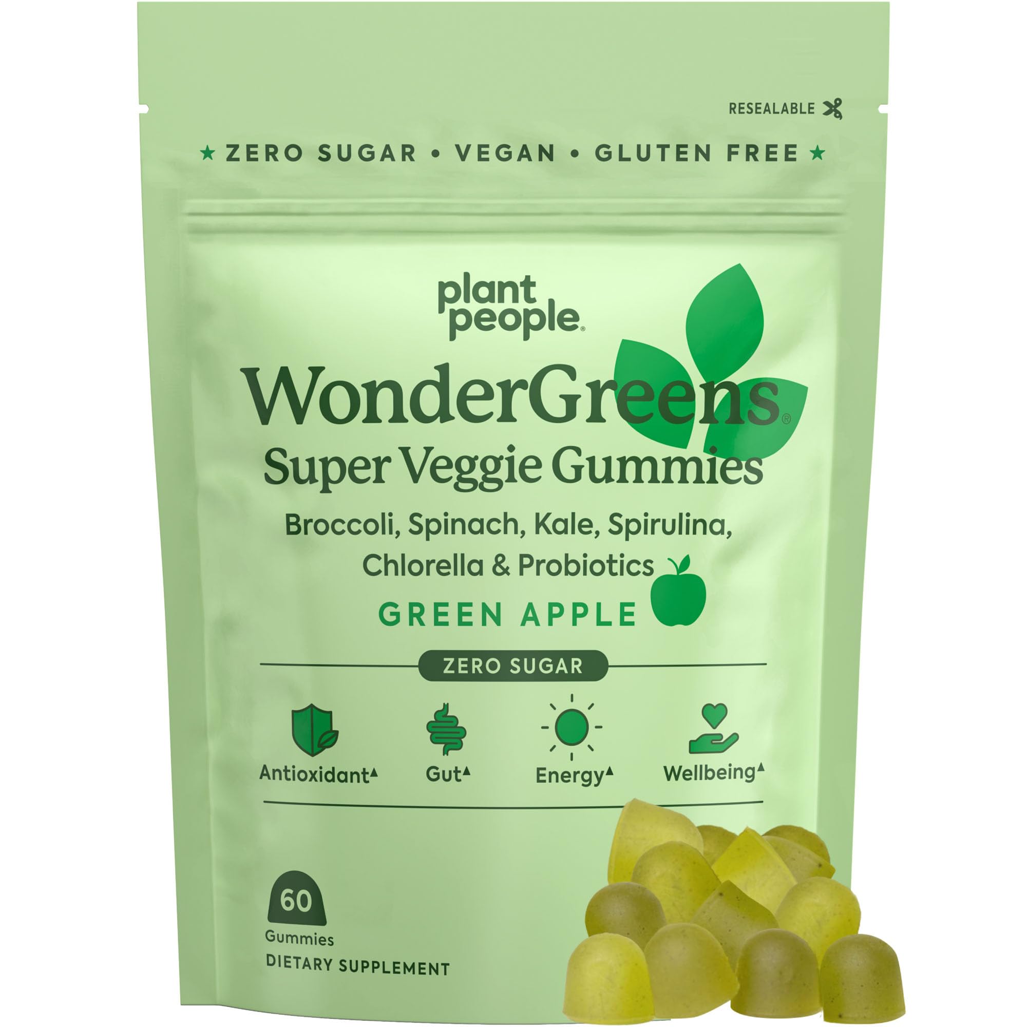 Plant People WonderGreens Veggie Gummies Super Greens with Probiotics Multivitamin Support Gummy for Wellbeing, Energy, Immune and Gut Health, Green Apple Flavor (60 Count)