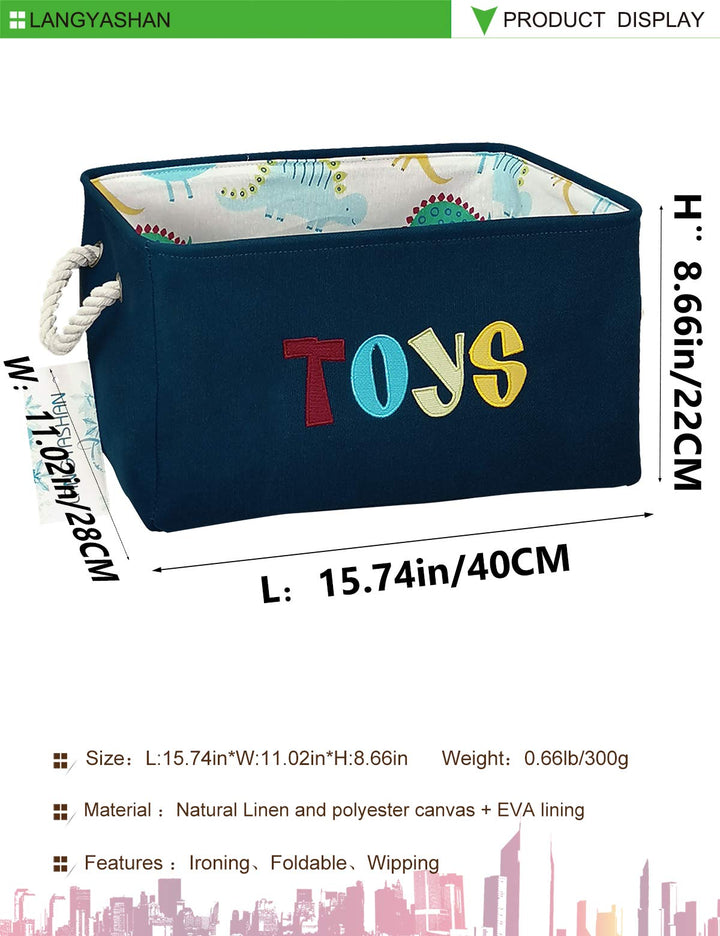 LANGYASHAN Rectangular Storage Bin Collapse Canvas Fabric Cartoon Storage Basket with Handles for Organizing Home Kitchen Boys and Girls Toys Office Closet Shelf Baskets (Navy toys)