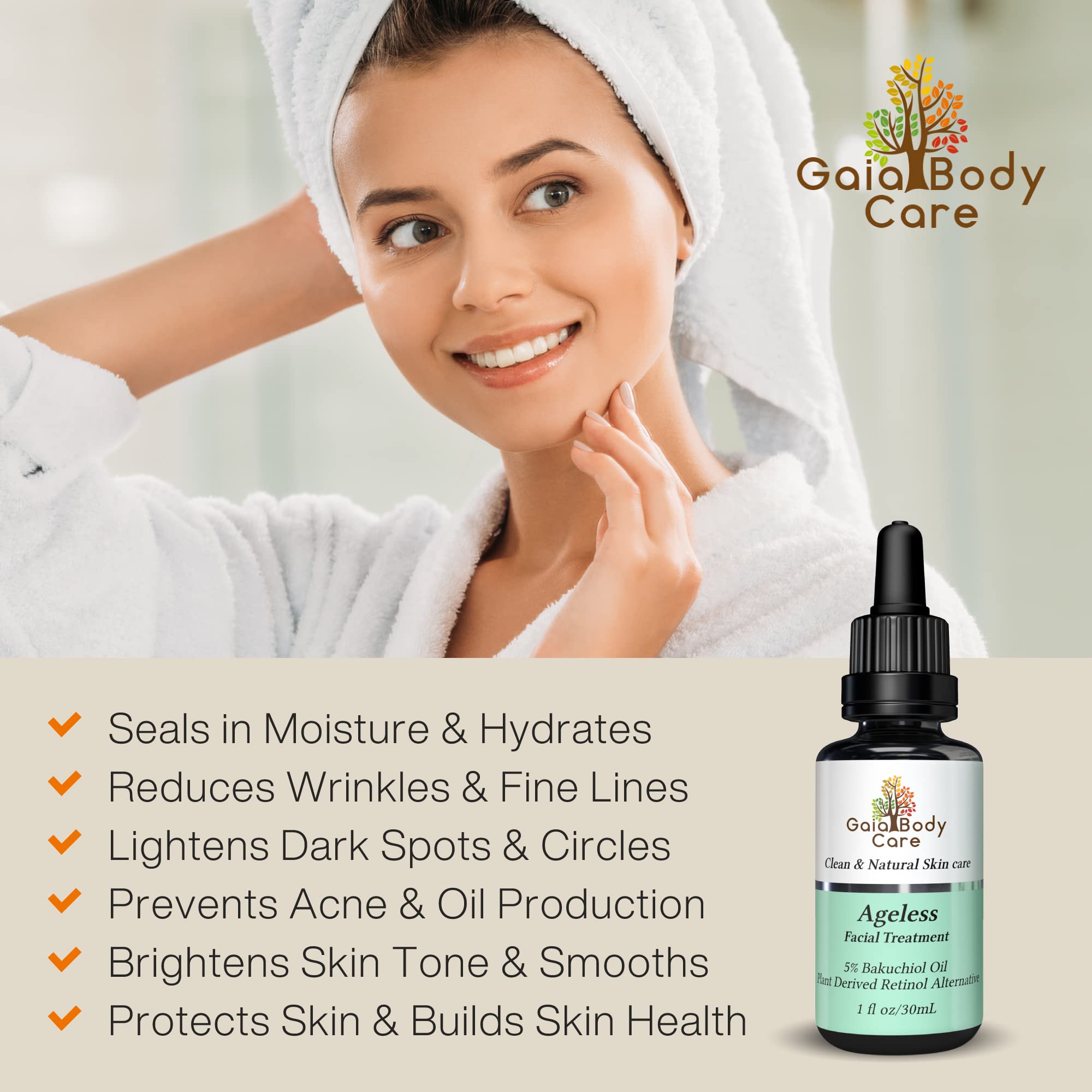 Gaia Body Care 5% Bakuchiol Oil Organic - (1ounce) - Anti Aging, Antiwrinkle, Reduces Fine Lines, Smooths Skin, Hydrates - Plant Based Bakuchiol Serum - Best Retinol Alternative Facial Oil (Rose)