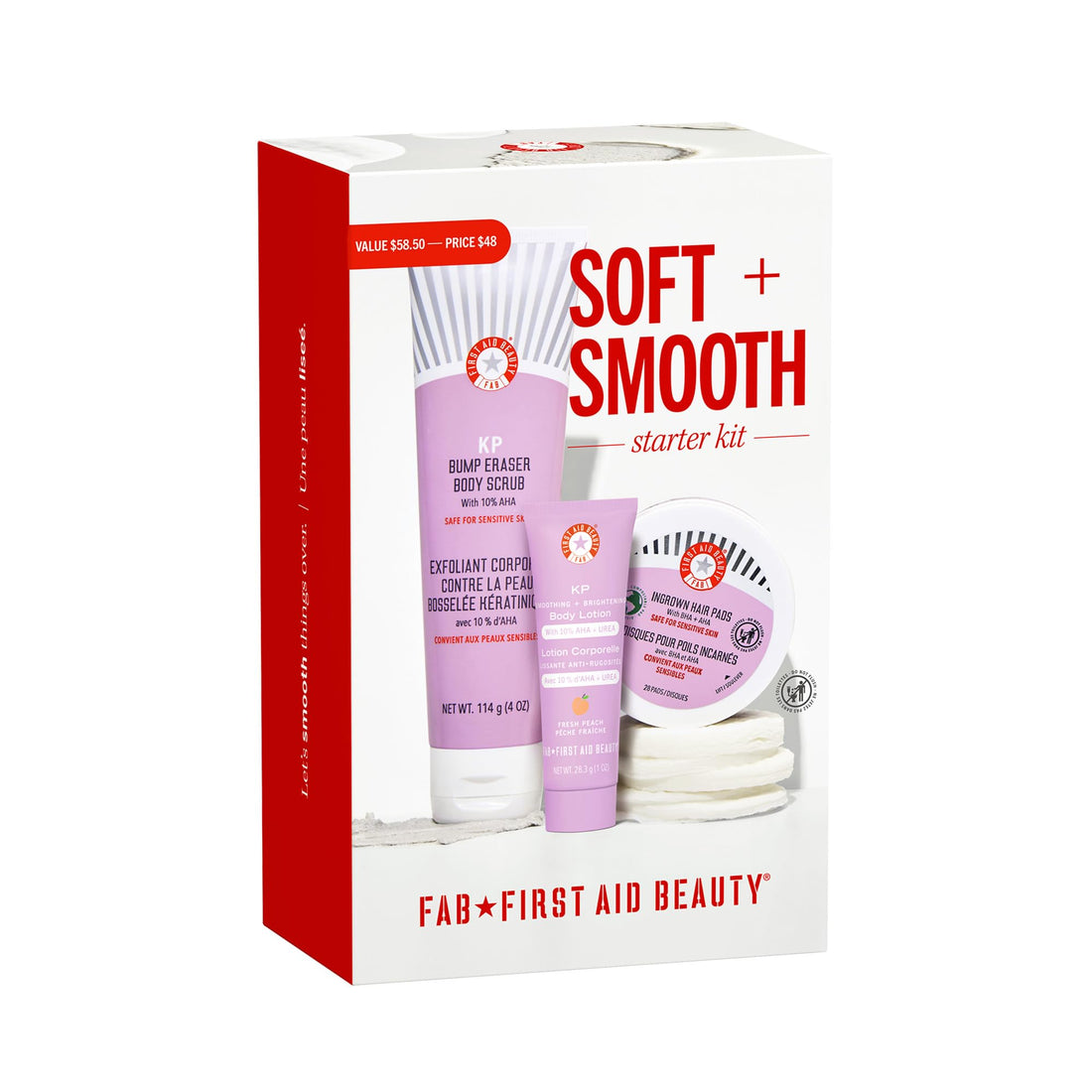 First Aid Beauty Soft + Smooth Starter Body Kit: KP Bump Eraser Body Scrub, 4 oz, Smoothing + Brightening Lotion (Peach), 1oz, & Ingrown Hair Pads, 28 Pads, Exfoliation & Hydrating Skin Care Set, 3ct