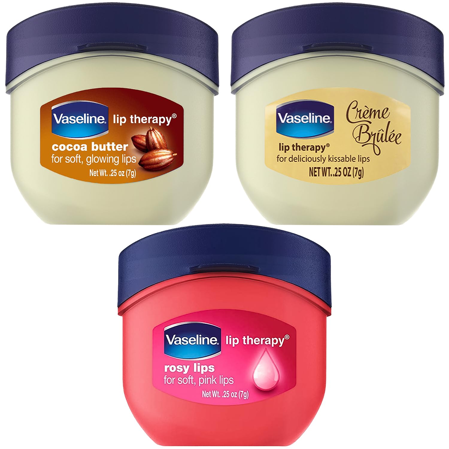 Vaseline Lip Therapy Variety 3-Pack – Crème Brûlée, Rosy Lips, Cocoa Butter Mini Lip Balms for Soft, Glowing, and Deliciously Kissable Lips, 0.25 Oz Ea