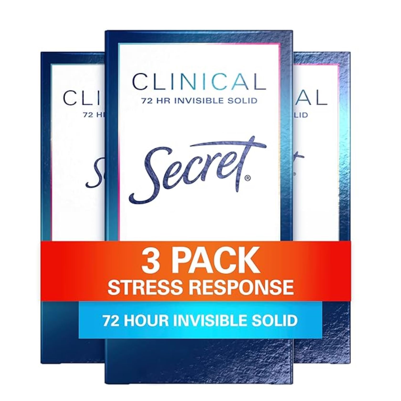 Secret Deodorant and Antiperspirant Clinical Strength for Women, Stress Response, 72hr Stress Sweat Protection, PH Balancing Minerals, Invisible Solid, 1.6 oz (Pack of 3)