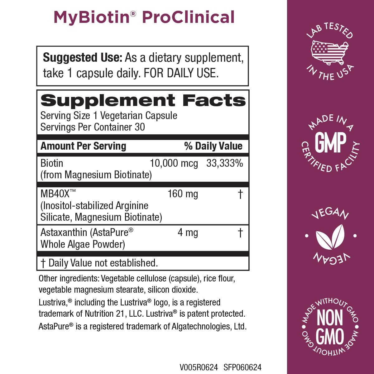 Purity Products MyBiotin ProClinical – Thicker Hair Starting in 3 Weeks & Fights Wrinkles - MB40X Patented Biotin Matrix w/Astaxanthin - 40X More Soluble vs Ordinary Biotin 30 Veg Cap