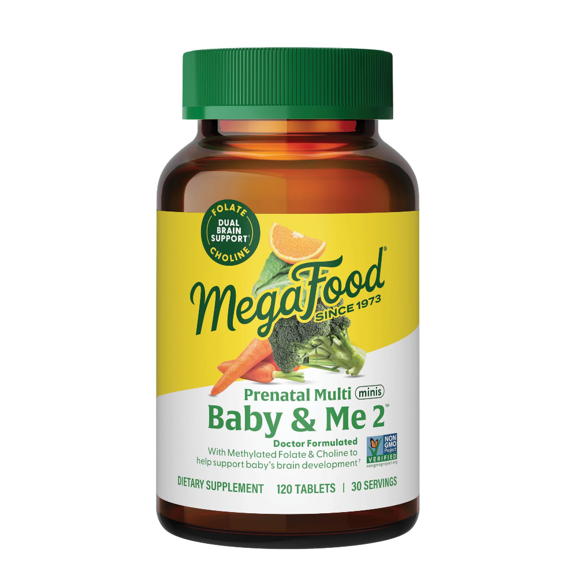MegaFood Baby & Me 2 Prenatal Vitamin & Minerals - Vitamins for Women - with Folate (Folic Acid Natural Form), Choline, Iron, Iodine, Vitamin C, Vitamin D and More - 120 Mini Tabs (30 Servings)