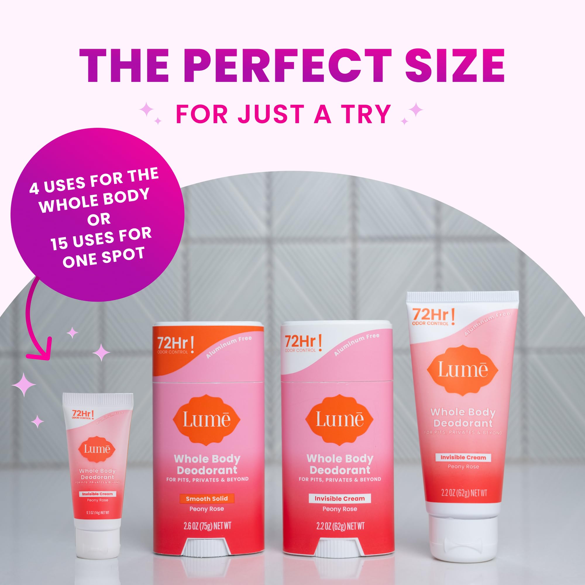 Lume Whole Body Deodorant - Mini Travel Size Invisible Cream Tube - Trial Size -72 Hour Odor Control - Doctor Developed - Aluminum Free, Baking Soda Free - .5oz (Pack of 2) (Peony Rose)