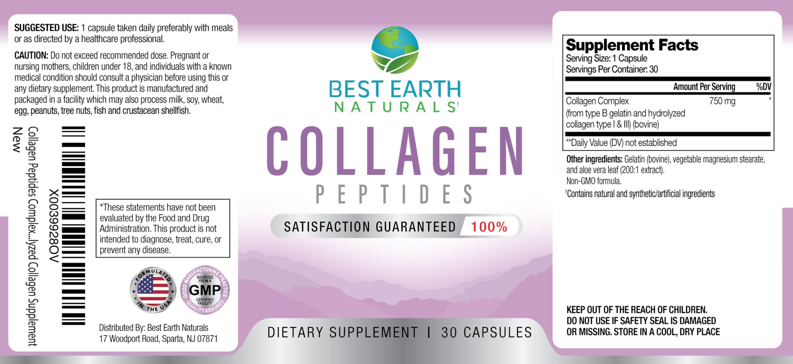 Best Earth Naturals Hydrolyzed Collagen Type I & III - Collagen Peptides Supplement for Women and Men to Support Hair, Skin, Nails, & Joints 30 Day Supply (30 Capsules)