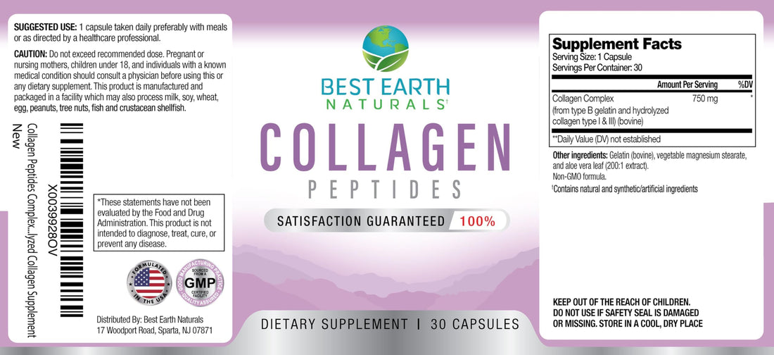 Best Earth Naturals Hydrolyzed Collagen Type I & III - Collagen Peptides Supplement for Women and Men to Support Hair, Skin, Nails, & Joints 30 Day Supply (30 Capsules)
