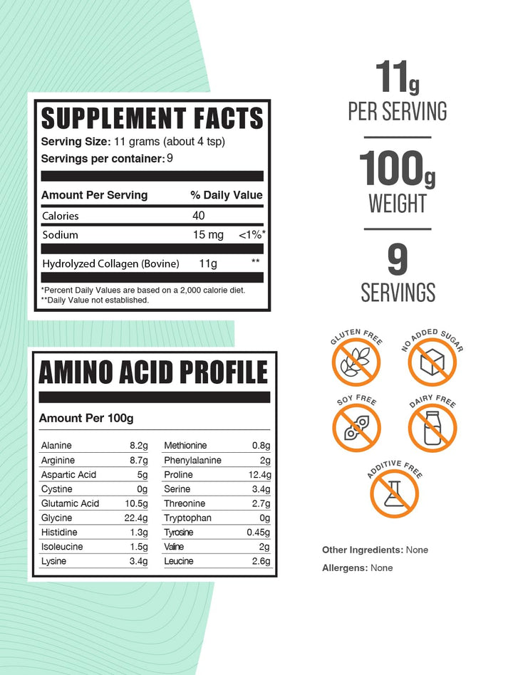BulkSupplements.com Collagen Peptides Powder - Collagen Supplement, Bovine Collagen Powder - Powdered Collagen, Hydrolyzed & Gluten Free, 11g per Serving, 100g (3.5 oz) (Pack of 1)