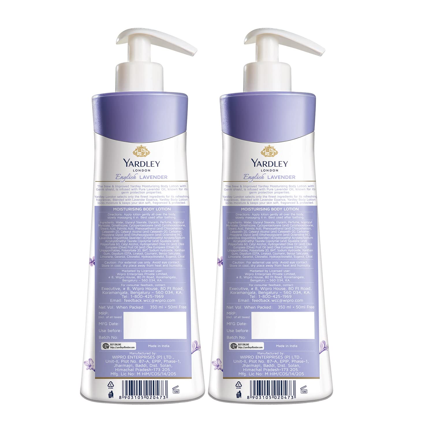 Yardley London English Lavender Moisturizing Body Lotion With Germ Shield| Infused With Lavender Oil| Daily Use Hand & Body Lotion With Natural Floral Extracts For Women| 350+50ml (Pack of2)