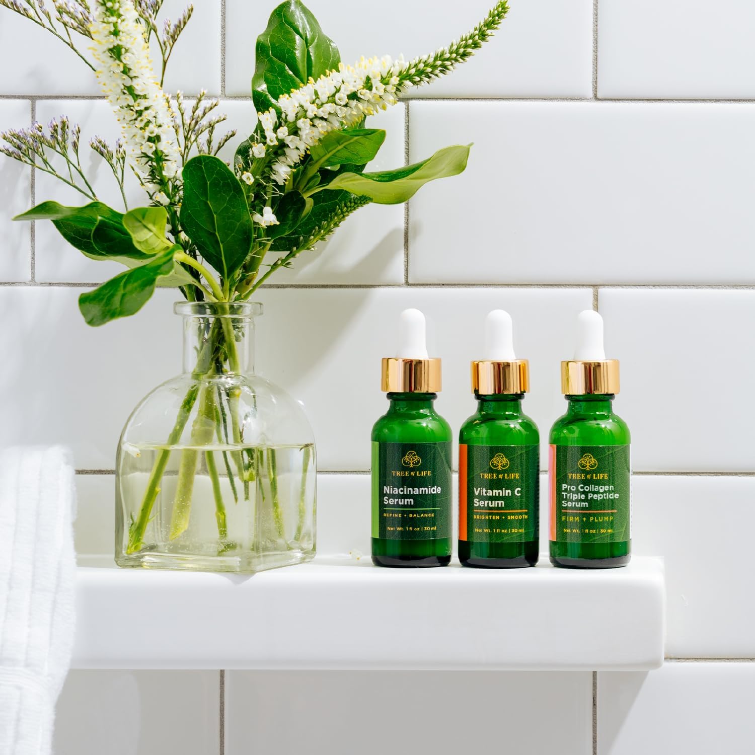 Tree of Life Beauty Skin Care Set, Brightening, Firming, Dry Face, Dermatologist Tested - Complete Hydration Trio, Vitamin C Serum, Niacinamide Serum, Pro Collagen Peptide Serum, 3 count of 1Fl oz