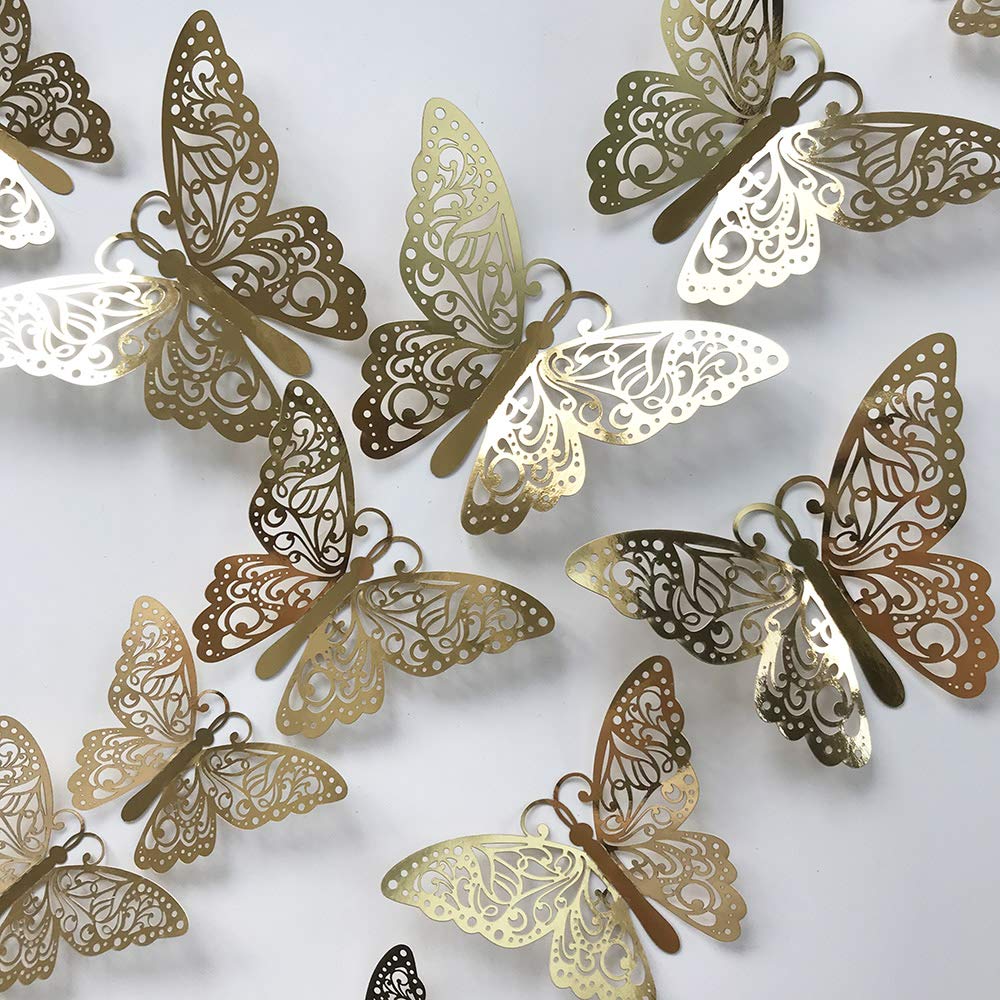 24Pcs Gold Silver Butterfly Wall Sticker Decal 3D Metallic Art Butterfly Mural Decoration DIY Flying Stickers for Kids Bedroom Home Party Nursery Classroom Offices Décor (Branches Gold 5)