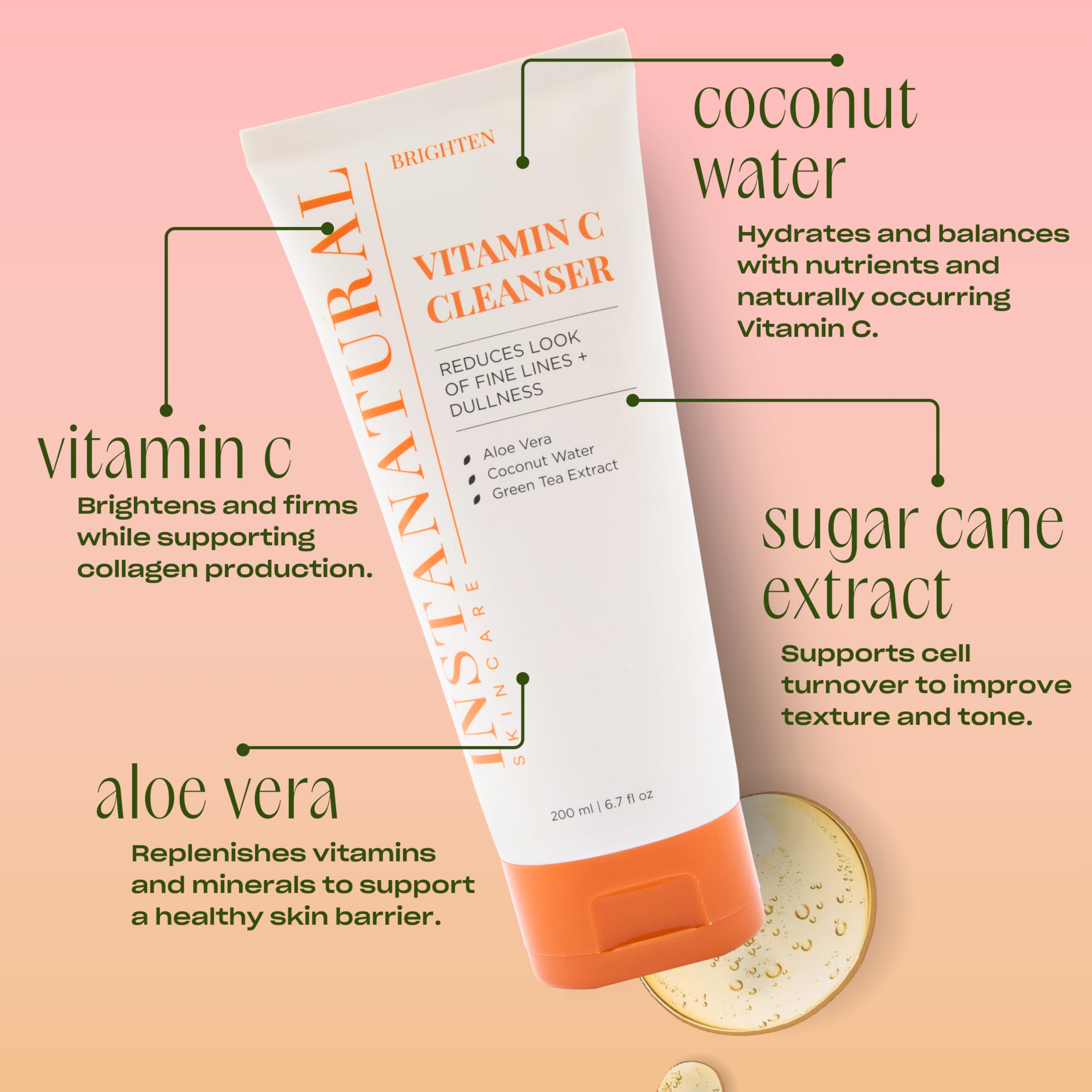 InstaNatural Vitamin C Cleanser Face Wash, Brightens and Reduces Signs of Aging, Fine Lines and Uneven Texture, with Coconut Water and Aloe Vera, 6.7 FL Oz
