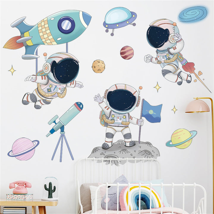 WAFT YEARN Astronaut Universe Outer Space Moon Star Space Ship Wall Decal Removable Wall Sticker Decor for Nursery Classroom Bedroom Bathroom Boys Girls Room Playroom Colorful Peel and Stick Decals