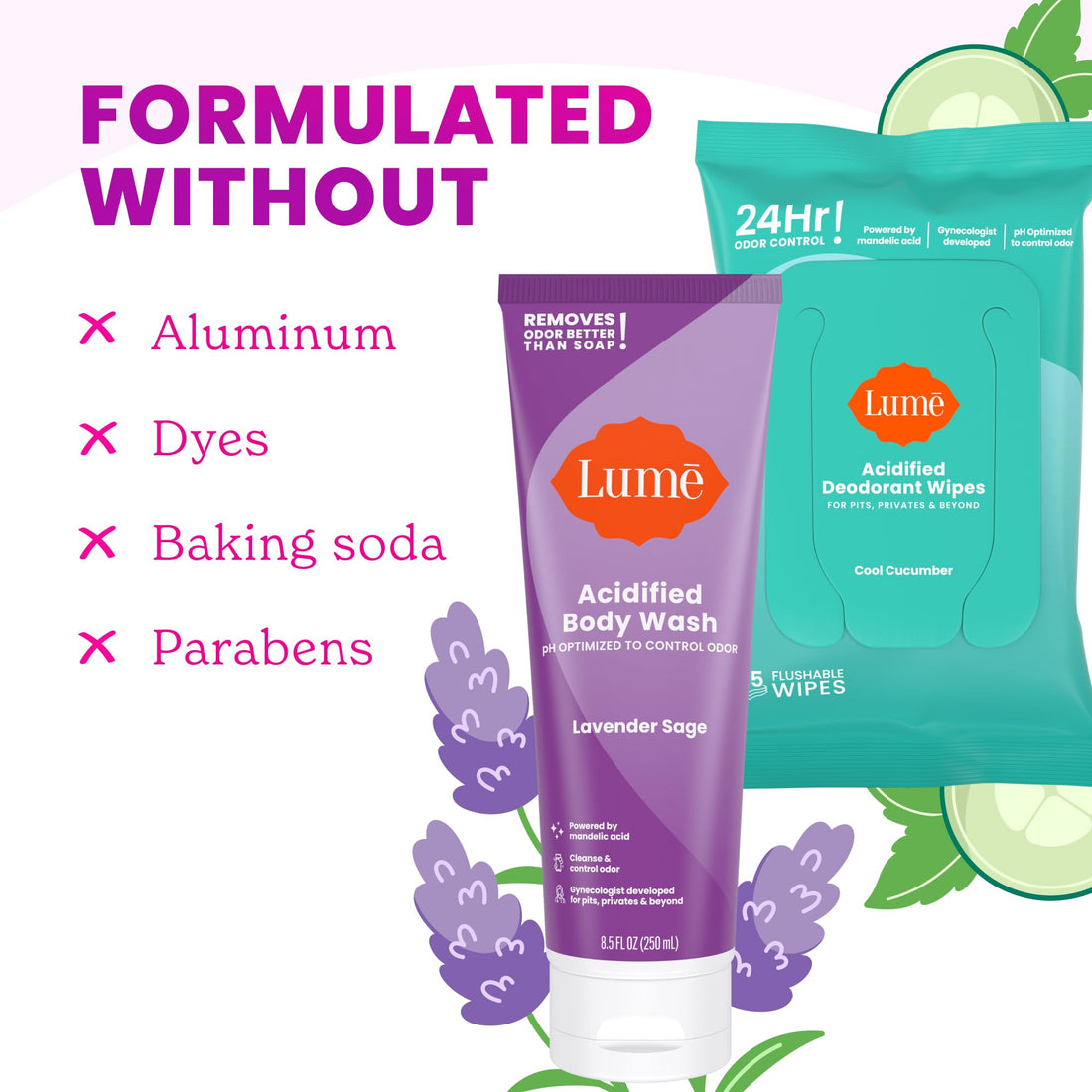 Lume Acidified Body Wash & Flushable Deodorant Wipes - 24 Hour Odor Control - Hydrating Wash - Without SLS or Parabens - OB/GYN Developed - 8.5 ounce (Lavender Sage) 15 Count Wipes (Cucumber)
