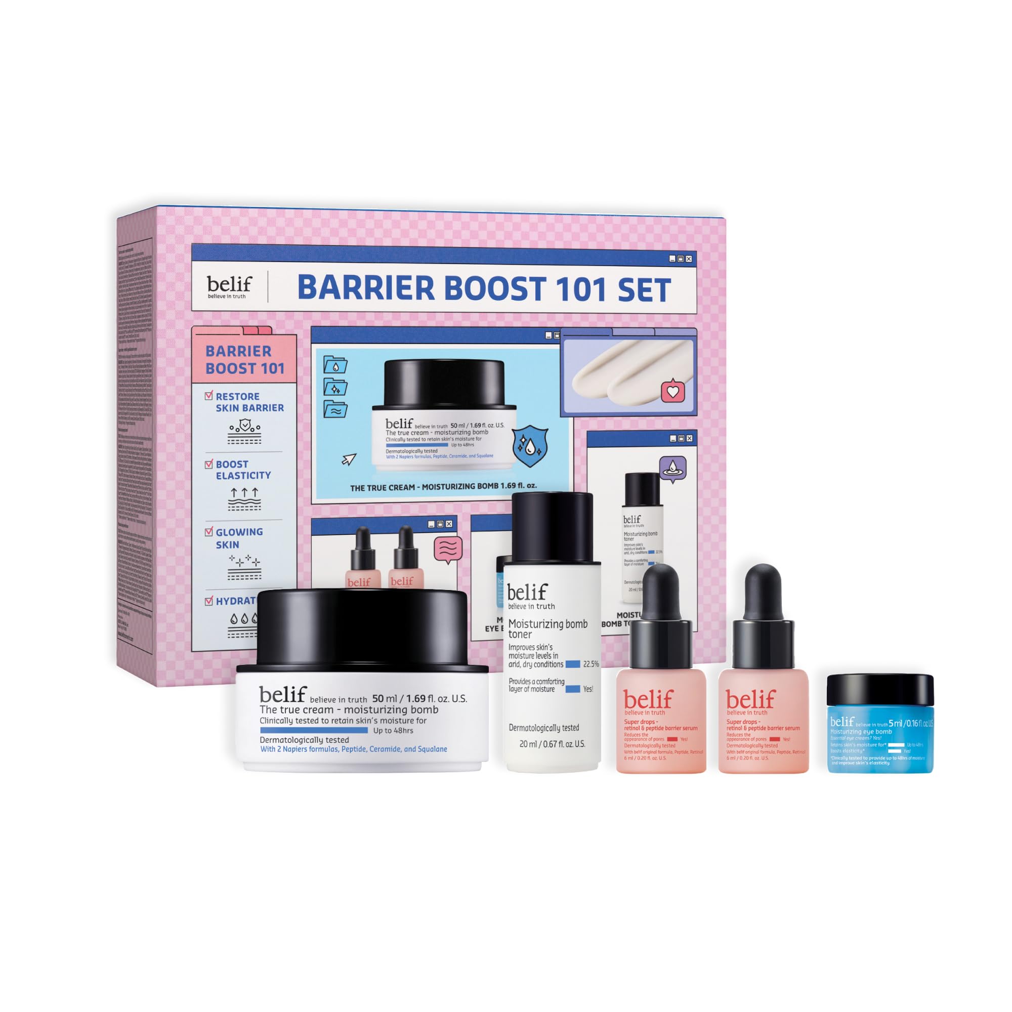 belif Barrier Boost 101 Limited Edition Set: Full Size Moisturing Bomb 50ml & Deluxe Size Moisturizing Bomb Toner, 2x Retinol & Peptide Barrier Serum, Moisturizing Eye Bomb, 5 Piece Kit