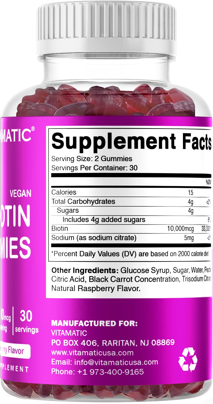 Vitamatic Biotin Gummies 10,000 mcg for Stronger Hair, Skin & Nails - 60 Vegan Gummies - Also Called Vitamin B7 (1 Bottle)